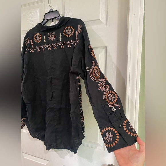 Johnny Was Faye Relaxed Linen Button Down Embroidered Shirt Lagenlook Size L - Picture 11 of 15